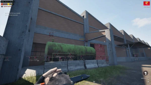 Squad ESP tagging a whole enemy squad at a depot with names, HP and weapons