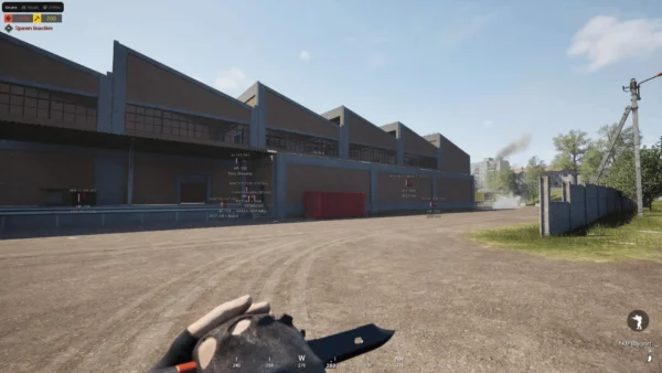 Squad ESP marking an entrenched enemy squad across a warehouse compound